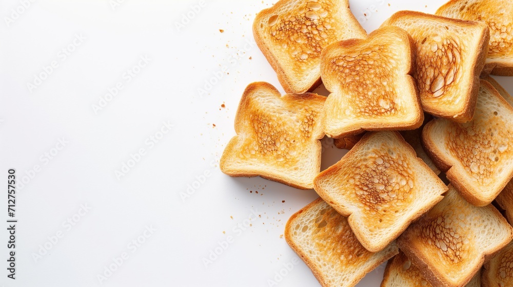 Pile of toasted bread slices on white surface - obrazy, fototapety, plakaty 