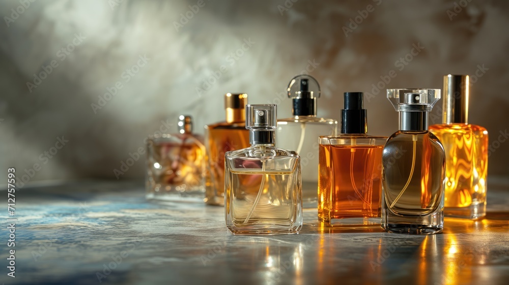 A collection of elegant perfume bottles on a reflective surface A collection of elegant perfume bottles on a reflective surface