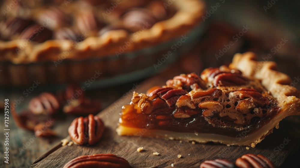 A slice of pecan pie with whole pecans on top, rustic background
