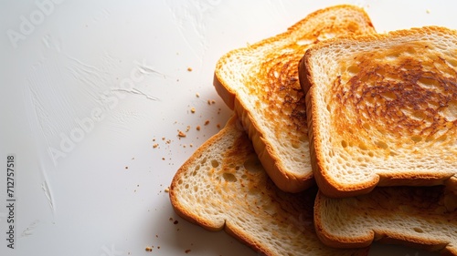 Toasted bread slices with crumbs on white