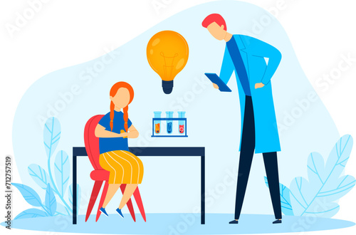Female student and male teacher conducting experiment in lab. Girl with red hair in yellow skirt at desk, man in blue coat with tablet. Science education and chemistry class vector illustration.