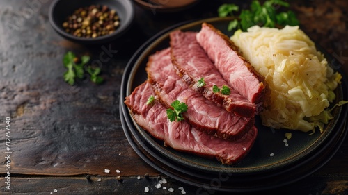 Plated corned beef slices with cabbage on a wooden surface