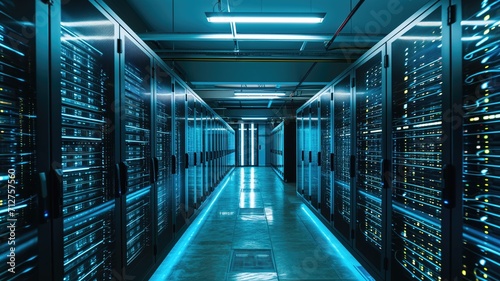 Data center aisle with blue illuminated server racks photo
