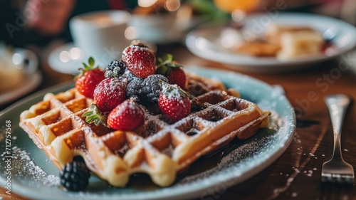Close-up of a waffle with berries and a dusting of powdered sugar