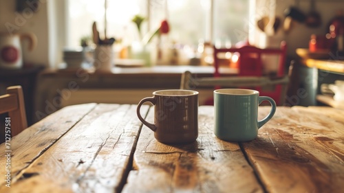 Warmly lit scene with two coffee cups on a wooden kitchen table photo