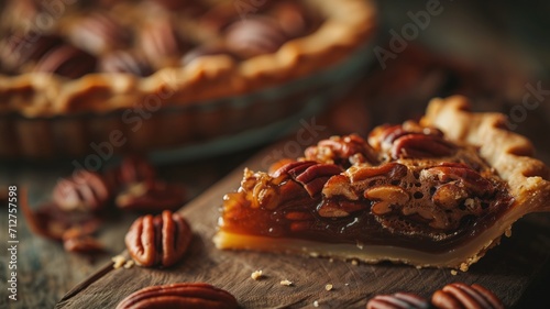 A slice of pecan pie with whole pecans on top, rustic background photo