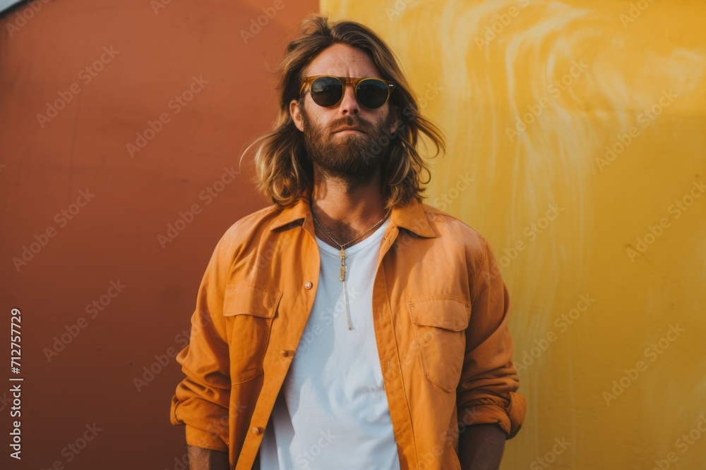 Handsome young man with long blond hair wearing sunglasses and a yellow jacket standing in front of an orange wall Handsome young man with long blond hair wearing sunglasses and a yellow jacket standing in front of an orange wall