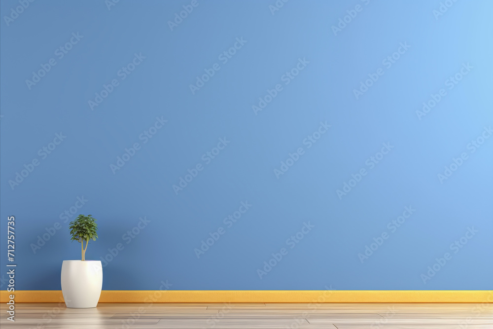 Minimalistic Interior with Blue Empty Wall and Houseplant in Stylish Vase on Wooden Floor