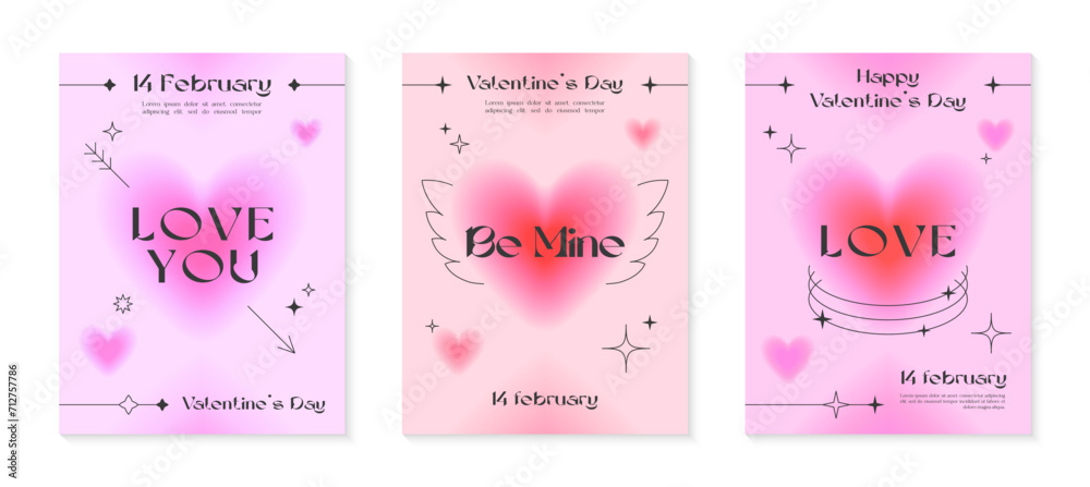 Valentines Day greeting card templates in 90s style.Romantic vector illustrations in y2k aesthetic with linear shapes,blurred hearts,arrow,sparkles.Modern designs for smm,invitations,prints,promos. Valentines Day greeting card templates in 90s style.Romantic vector illustrations in y2k aesthetic with linear shapes,blurred hearts,arrow,sparkles.Modern designs for smm,invitations,prints,promos.