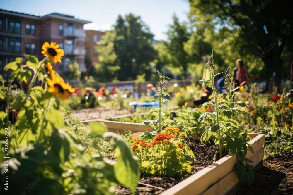 Fototapeta premium Community garden with individuals from different walks of life tend to their plots. Native plants, green spaces and local sustainability efforts.