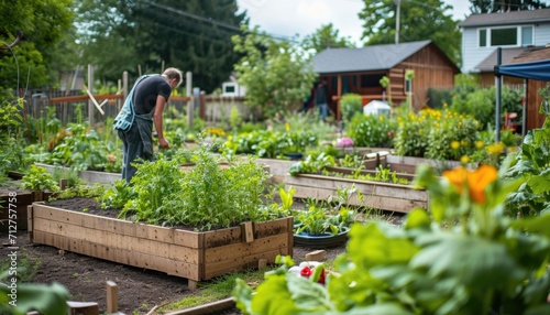 Community garden with individuals from different walks of life tend to their plots. Native plants, green spaces and local sustainability efforts.