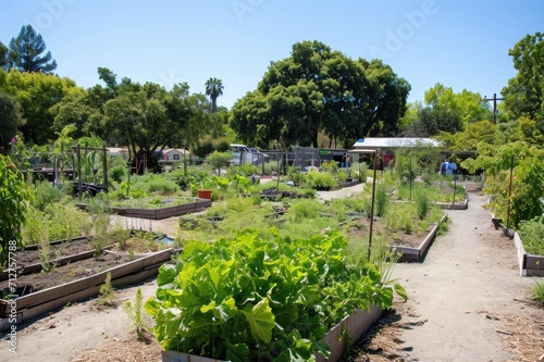 Community garden with individuals from different walks of life tend to their plots. Native plants, green spaces and local sustainability efforts.