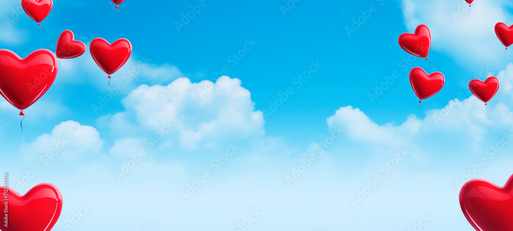 Red Heart Balloons Floating on Blue Sky Red Heart Balloons Floating on Blue Sky