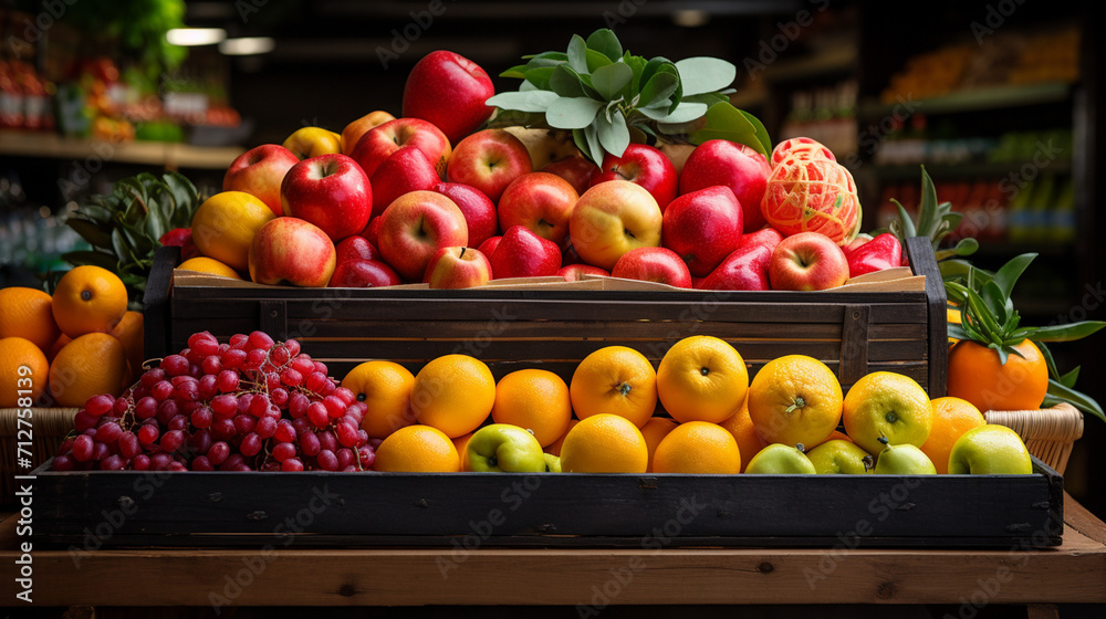 Various type of fresh fruits arrange neatly grocery store. Apple, Orange, Pomegranate, Lemon on rack. Generate AI
