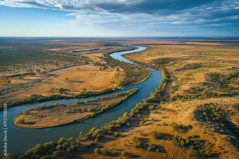 Looking down at magnificent meandering Murray River. Riverland, South Australia, aerial view
