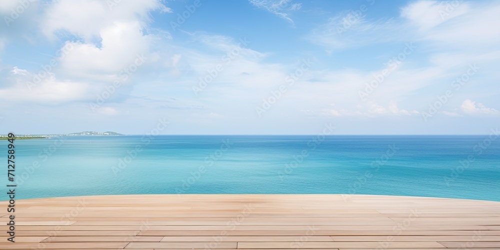 Empty table for displaying products with a scenic view of the sea and vibrant sky.