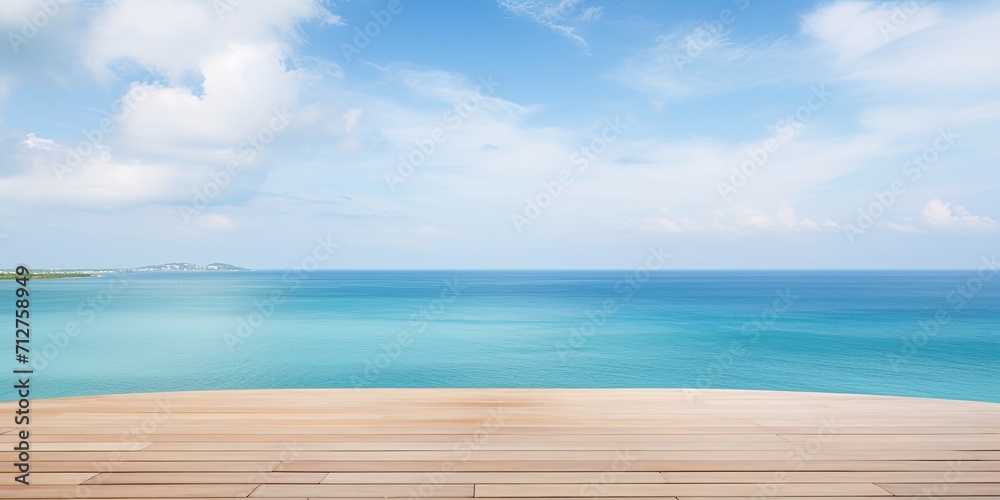 Fototapeta premium Empty table for displaying products with a scenic view of the sea and vibrant sky.