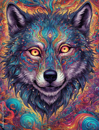 Euphoric Hallucinations - Psychedelic digital art of a wolf and dancer in a kaleidoscopic trip Gen AI photo