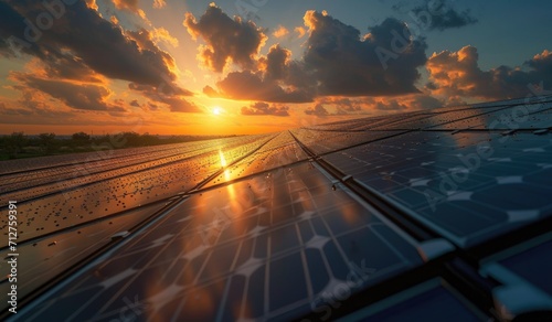 Solar panels in the sunset. Solar farm generating energy