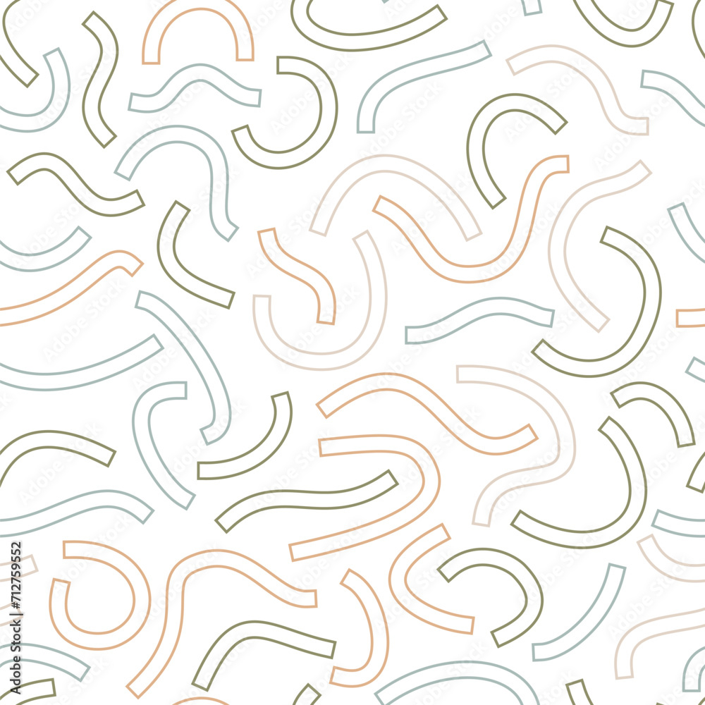 Colored geometric seamless pattern. Outline curved lines