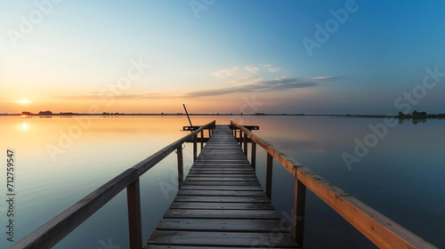 Dock overlooking a calm overcast lake background. Dock overlooking a calm overcast lake landscapes. Hdr landscape view. Old dock with sunset, candles, lamb, lake, sun and forest. high quality photos. © Hazal