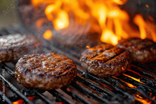BBQ Grilled Burgers Patties On The Hot Flaming Grill photo