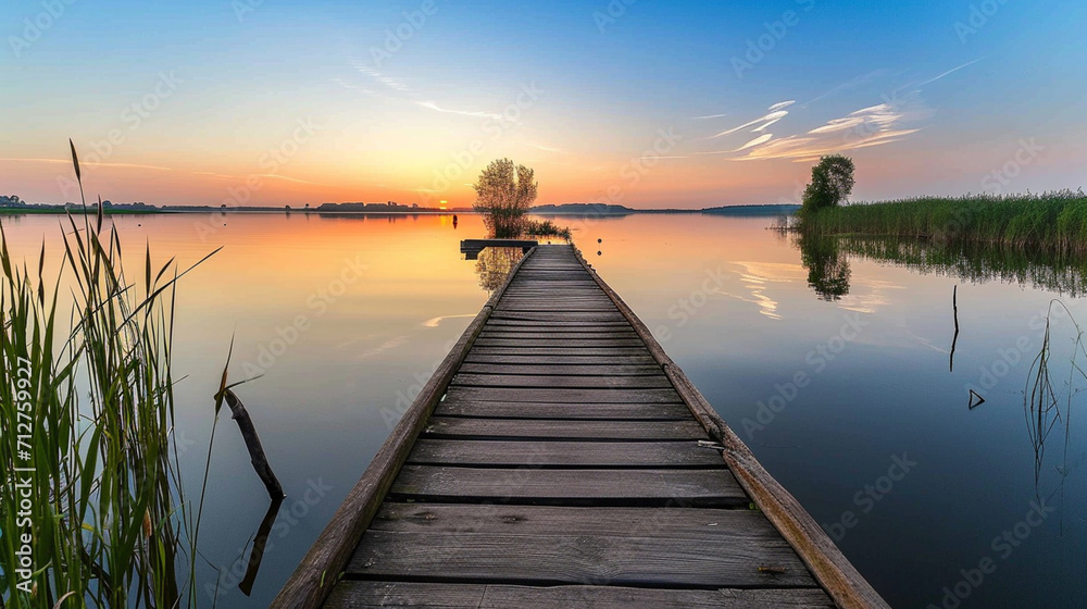 Dock overlooking a calm overcast lake background. Dock overlooking a calm overcast lake landscapes. Hdr landscape view. Old dock with sunset, candles, lamb, lake, sun and forest. high quality photos.