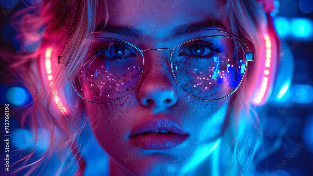 portrait of a young modern woman with headphones and glasses portrait of a young modern woman with headphones and glasses