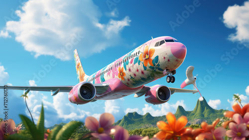 Wallpaper Mural an airplane decorated with flowers flies across the sky, summer travel, flight to Hawaii, air transport, tourism, nature, beauty, vacation, tropics, height, speed, garland Torontodigital.ca