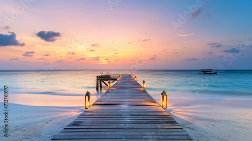 Dock overlooking a calm overcast lake background. Dock overlooking a calm overcast lake landscapes. Hdr landscape view. Old dock with sunset, candles, lamb, lake, sun and forest. high quality photos. © Hazal