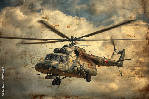 Russian military helicopter. Stylized photo