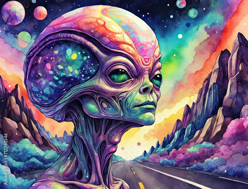 Psychedelic Journey - Close-up alien, road, and head in a psychedelic drug-induced trip illustration Gen AI photo