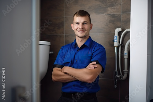 Confident Plumber Standing in Bathroom with Arms Crossed