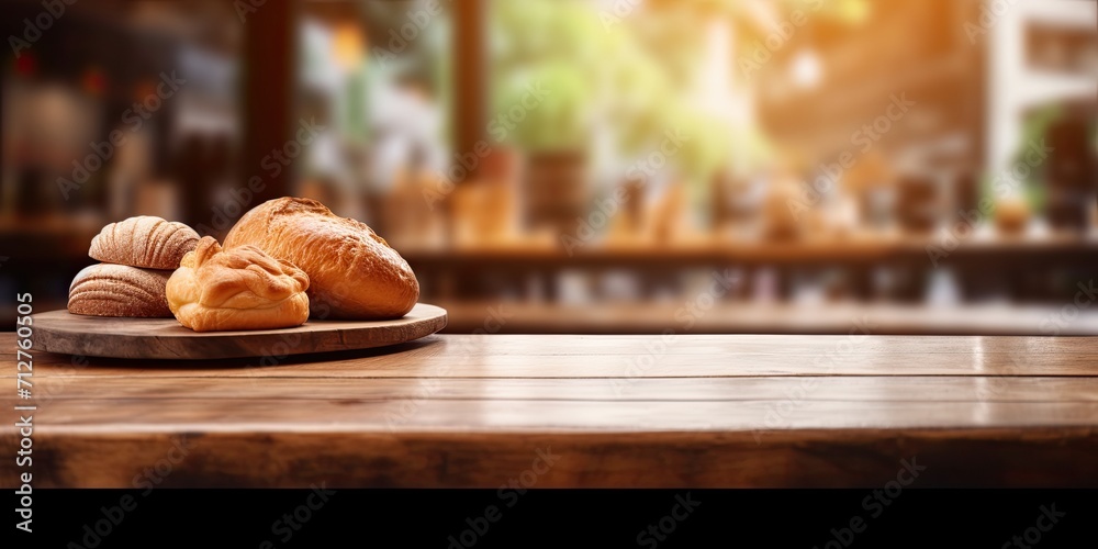Table with blurred bakery shelf background in coffee shop for product montage.