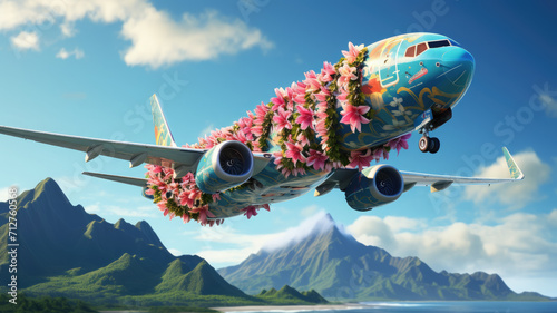 an airplane decorated with flowers flies across the sky  summer travel  flight to Hawaii  air transport  tourism  nature  beauty  vacation  tropics  height  speed  garland