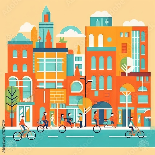 Illustration of a picturesque cityscape with colorful buildings, cars and pedestrians on the streets 