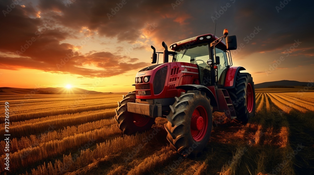 Red tractor plowing vast field, preparing fertile soil for fruitful spring planting season. Red tractor plowing vast field, preparing fertile soil for fruitful spring planting season.