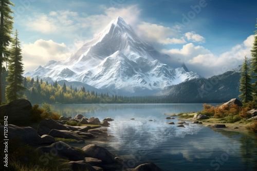A majestic mountain peak in the middle of a pristine lake, surrounded by lush evergreen trees and snow-capped mountains in the background