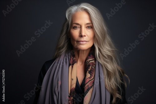 Portrait of a beautiful mature woman with grey hair and a scarf.