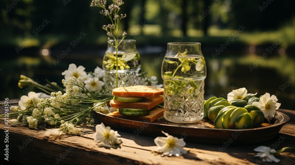 Fototapeta premium Picnic table set with different food and drinks with ham, fresh vegetables and bread outdoors. Concept: takeaway food, outdoor catering 