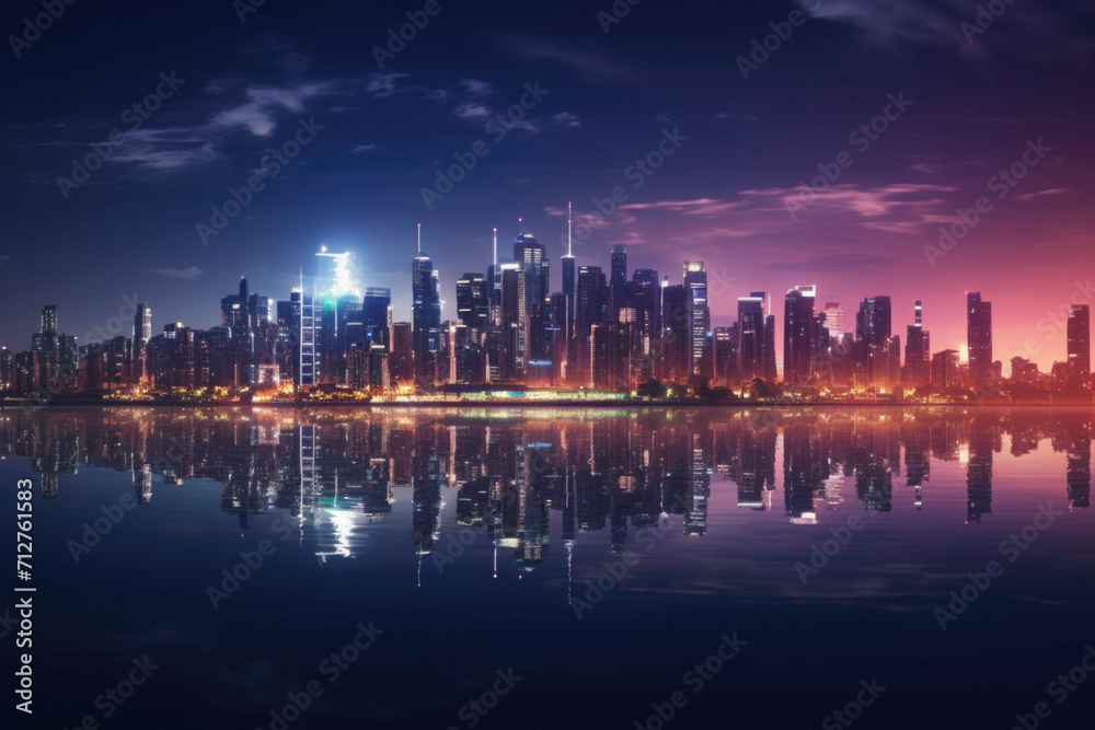 A wide shot of a city skyline at night, with colorful lights and reflections in the water