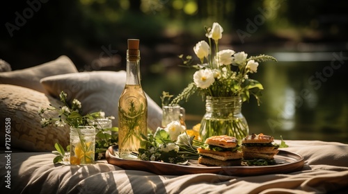 Summer veranda with a set table  with a glass jug and glasses with a refreshing drink  cookies  surrounded by yellow flowers and soft pillows on the sofa in the warm sunlight. Concept  eat in nature 