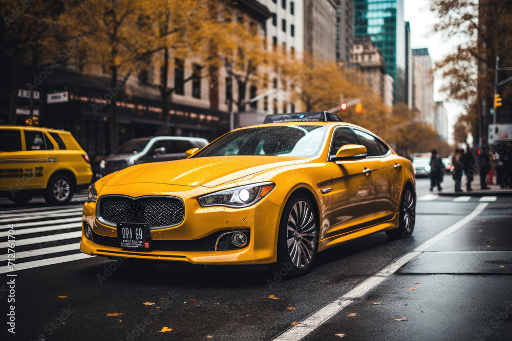 Sleek Yellow Sports Car Cruising Through Busy City Streets