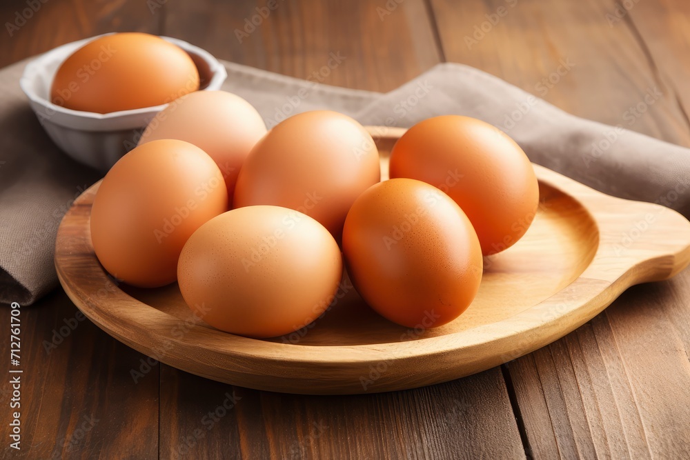 Rustic Harmony, A Wholesome Plaza of Earth Tones Featuring a Wooden Plate Laden With Farm-fresh, Brown Eggs Atop a Sensuous Wooden Table Rustic Harmony, A Wholesome Plaza of Earth Tones Featuring a Wooden Plate Laden With Farm-fresh, Brown Eggs Atop a Sensuous Wooden Table