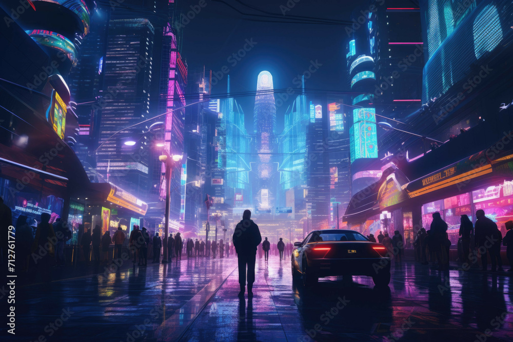 A busy city street with cars and people walking around, illuminated by the bright neon lights of the city at night