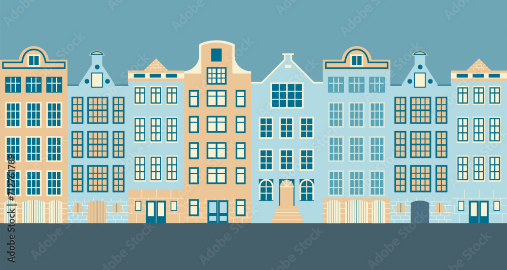 Row of stylized European buildings in pastel colors. Urban landscape with townhouses. City architecture vector illustration.