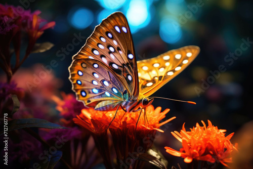 A close up of a majestic and colorful butterfly perched on a vibrant flower, surrounded by dewdrops and glimmering sunlight