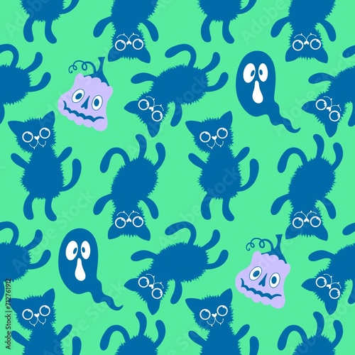 Halloween cats seamless cartoon animals pattern for wrapping paper and fabrics and linens and kids