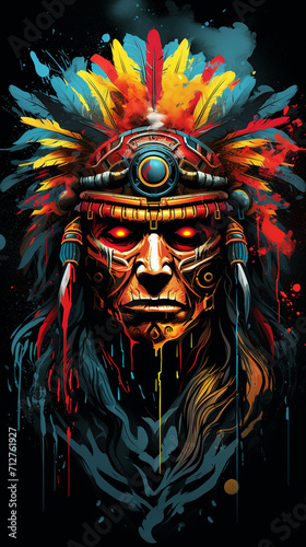 Warrior head hand drawn art made by illustration on black background for t shirt printing design with splash smoke rainbow Generate AI