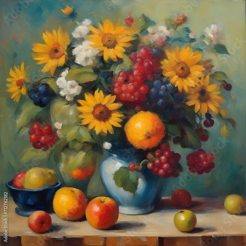 still life with flowers and fruits